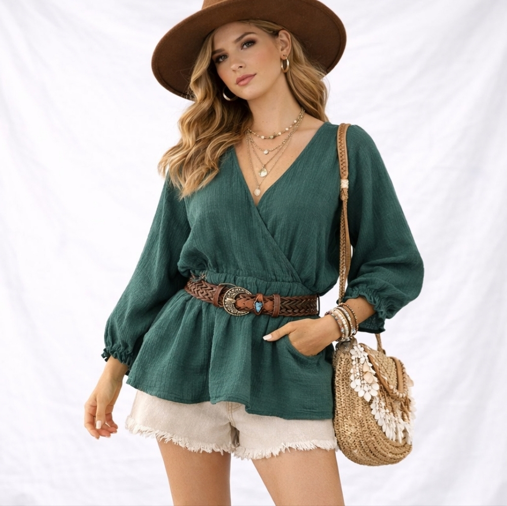 Ava & Viv Forest Green Peplum Ruffle V-Neck Blouse Cottage Cabin 100% Cotton